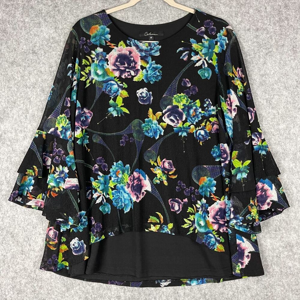 Calessa Tunic Top‎ Womens Medium Watercolor Floral Mesh Scoop Neck Layered Artsy